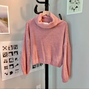 Pink Big Knit Turtleneck Crop Sweater